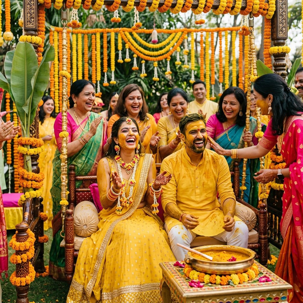 Vibrant Haldi & Mehendi Decor: Swings, Marigolds & Lounge Seating