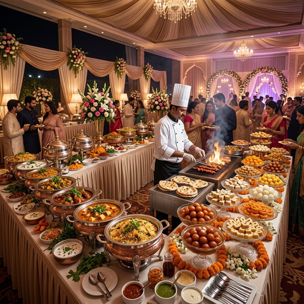 Chef serving guests at an elegant Indian event catering buffet